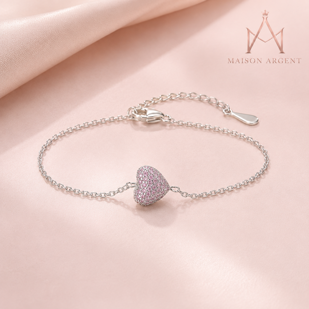 Bracelet Cœur en Argent Sterling 925 Zircon Rose Clair - Bijou Ajustable pour Femme, Cadeau Romantique Anniversaire