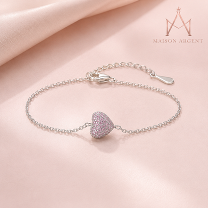 Bracelet Cœur en Argent Sterling 925 Zircon Rose Clair - Bijou Ajustable pour Femme, Cadeau Romantique Anniversaire