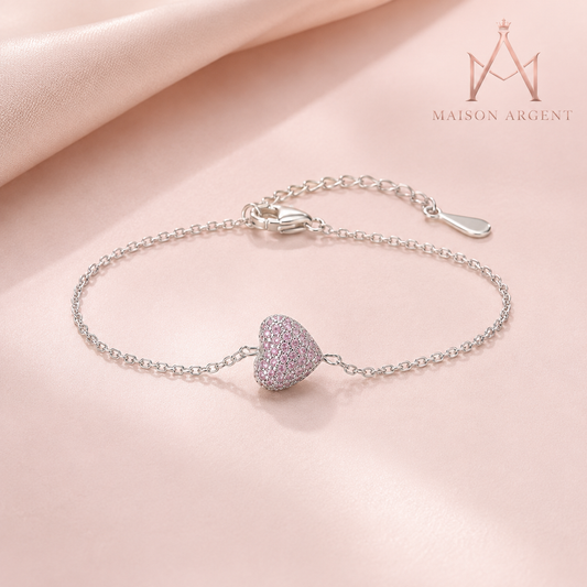 Bracelet Cœur en Argent Sterling 925 Zircon Rose Clair - Bijou Ajustable pour Femme, Cadeau Romantique Anniversaire