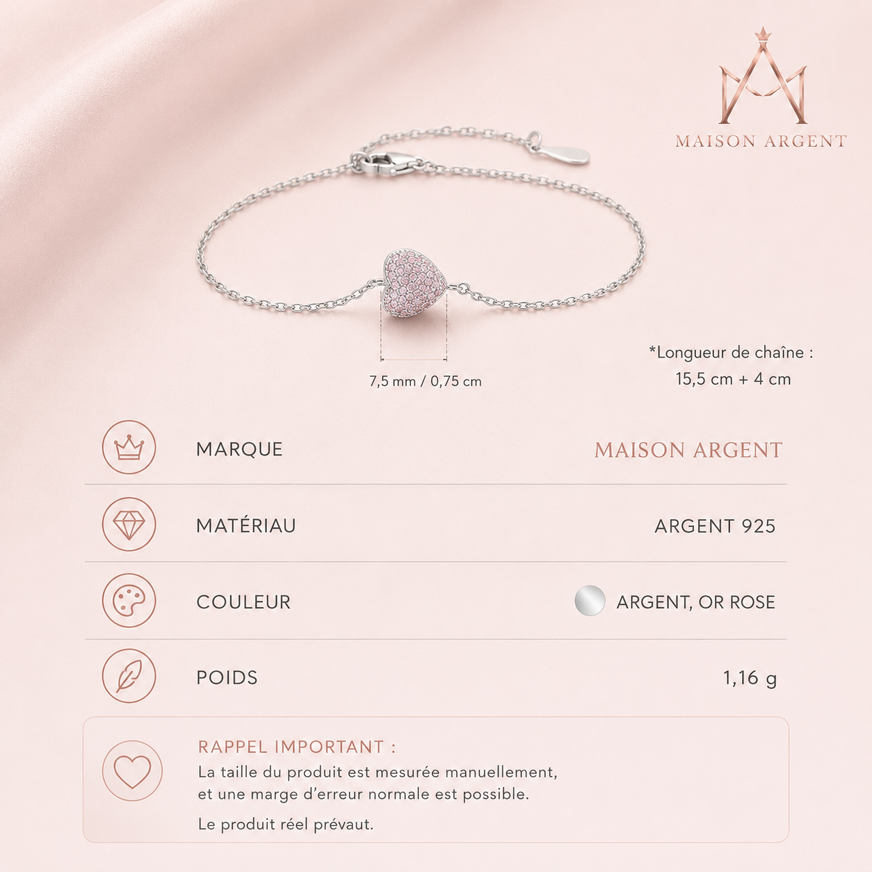 Bracelet Cœur en Argent Sterling 925 Zircon Rose Clair - Bijou Ajustable pour Femme, Cadeau Romantique Anniversaire