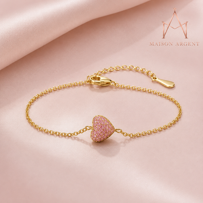 Bracelet Cœur en Argent Sterling 925 Zircon Rose Clair - Bijou Ajustable pour Femme, Cadeau Romantique Anniversaire