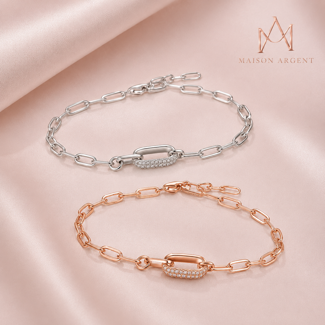 Bracelet Géométrique en Argent Sterling 925 pour Femme - Zircone & Maillons Fins