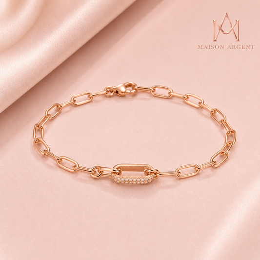Bracelet Géométrique en Argent Sterling 925 pour Femme - Zircone & Maillons Fins