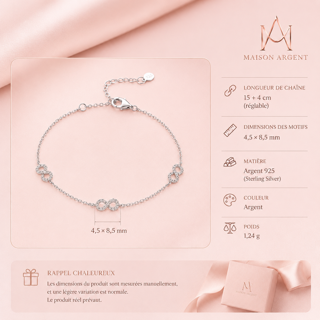 Bracelet Romantique Argent 925 pour Femme - Design Original avec Zirconium Transparent