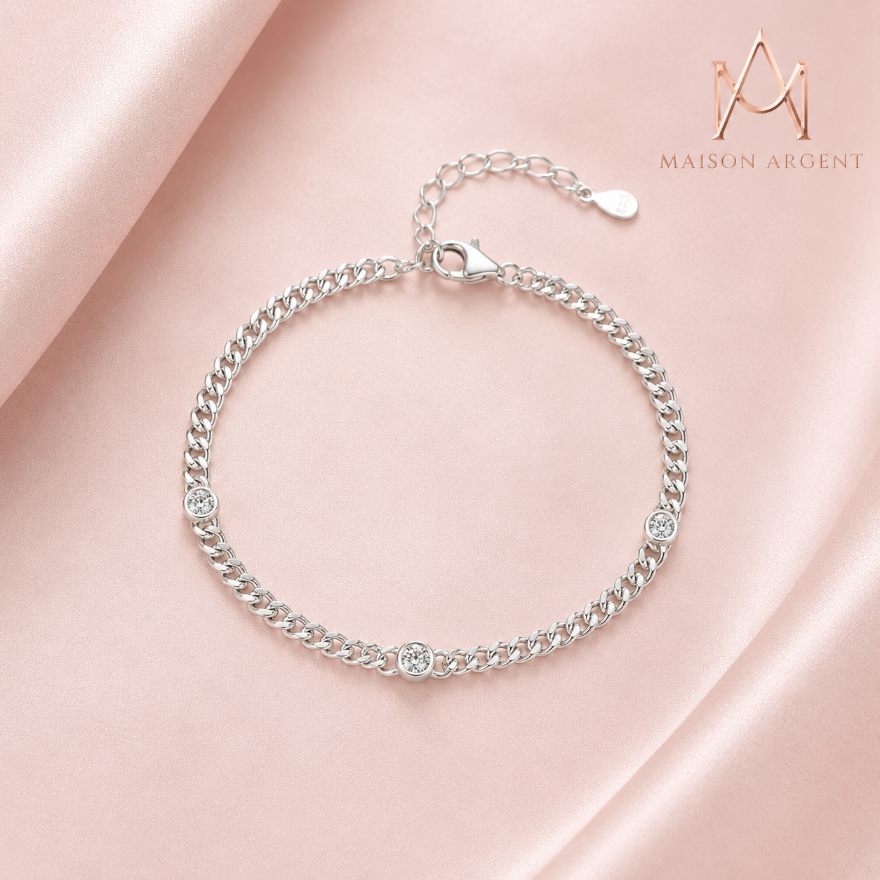 Bracelet Torsadé Moissanite Rond Plaqué Or Blanc - Argent 925 Réglable