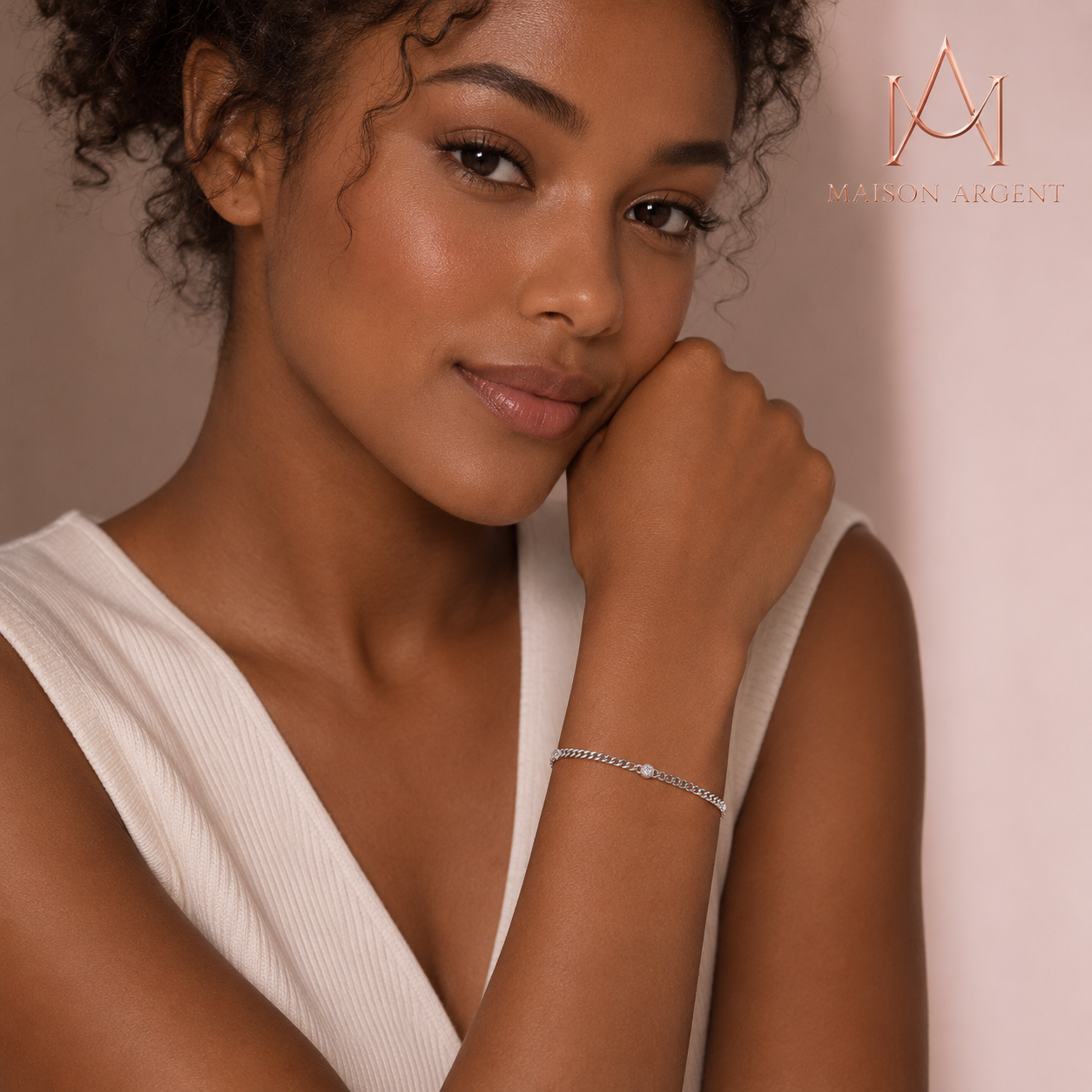 Bracelet Torsadé Moissanite Rond Plaqué Or Blanc - Argent 925 Réglable