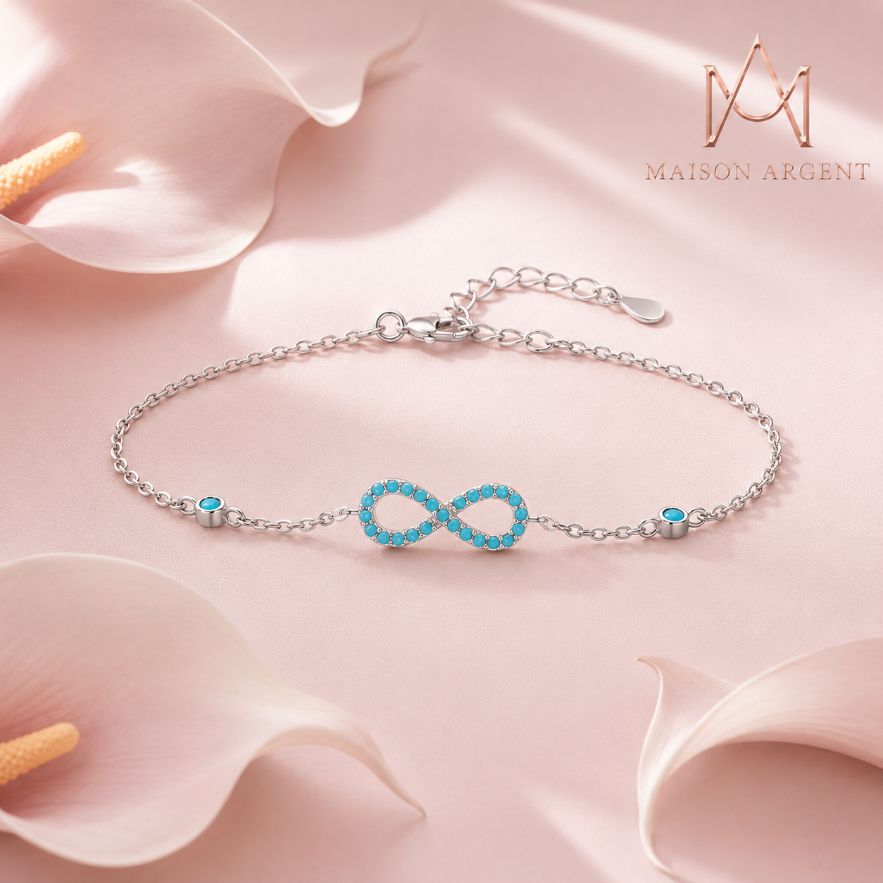 Bracelet Infini en Argent 925 Sterling avec Turquoise Naturelle