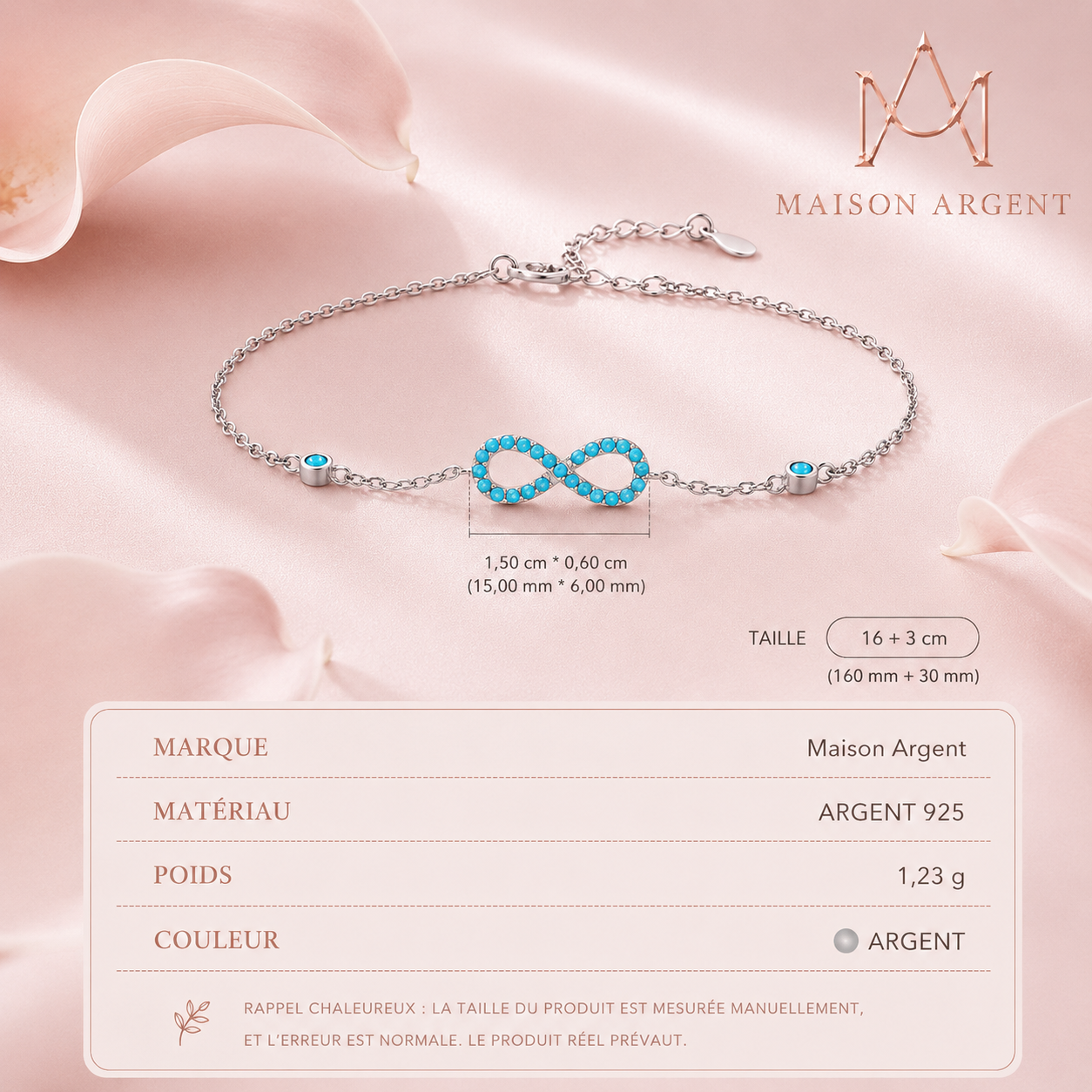 Bracelet Infini en Argent 925 Sterling avec Turquoise Naturelle - Bijou Vintage pour Femme