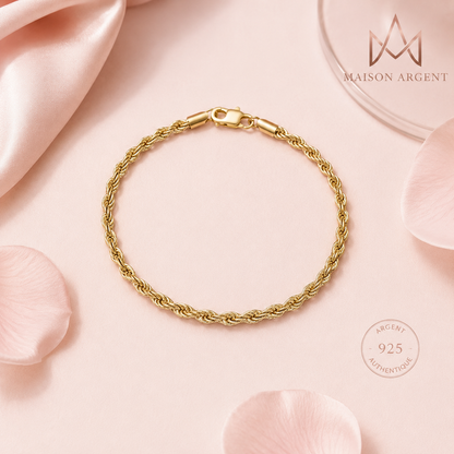Bracelet Chaîne Corde Plaqué Or 18K - Style Simple et Quotidien - Argent 925 - Pour Hommes et Femmes