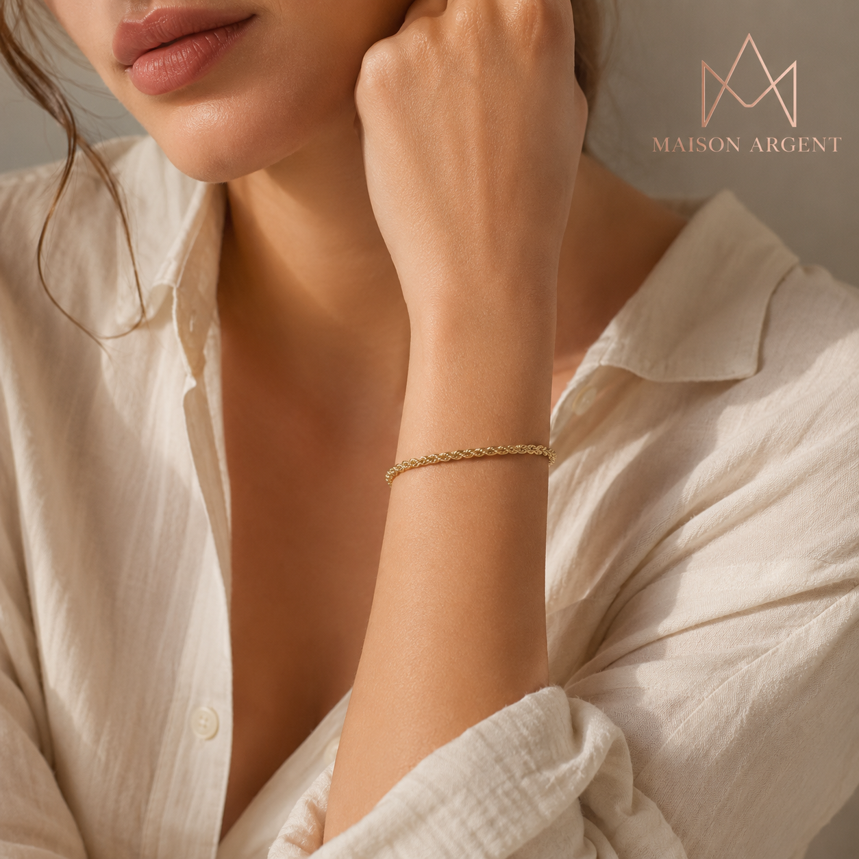 Bracelet Chaîne Corde Plaqué Or 18K - Style Simple et Quotidien - Argent 925 - Pour Hommes et Femmes