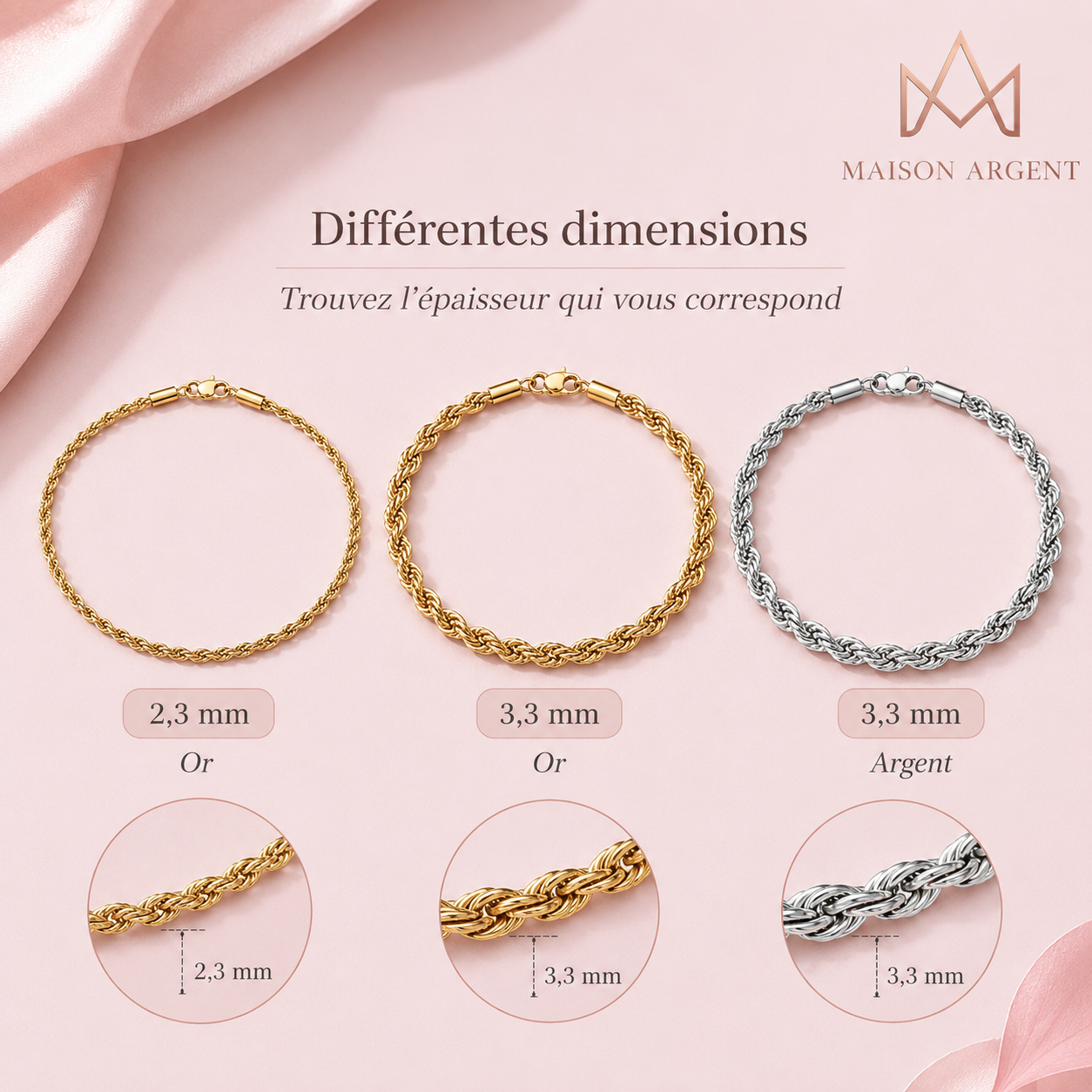 Bracelet Chaîne Corde Plaqué Or 18K - Style Simple et Quotidien - Argent 925 - Pour Hommes et Femmes