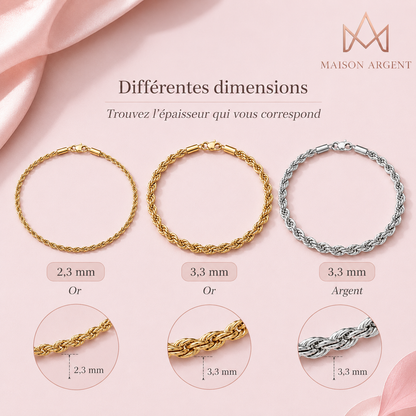 Bracelet Chaîne Corde Plaqué Or 18K - Style Simple et Quotidien - Argent 925 - Pour Hommes et Femmes
