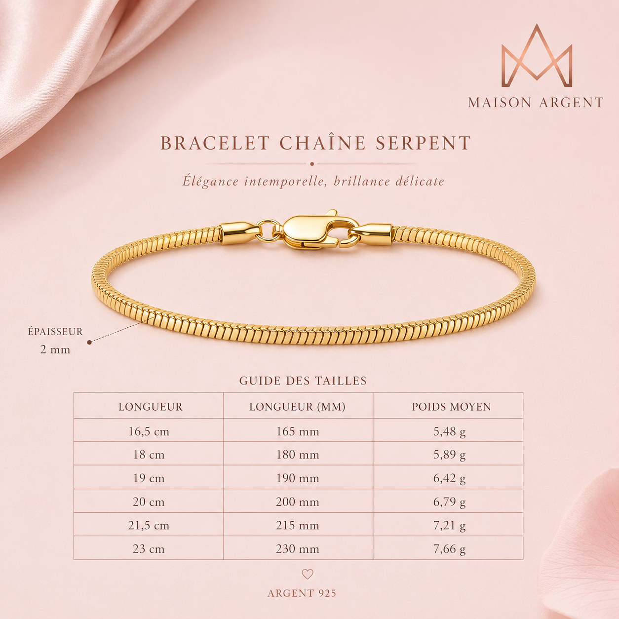 Bracelet Argent S925 Femme Chaîne Serpent 2mm Épaisse - Bijou Décontracté