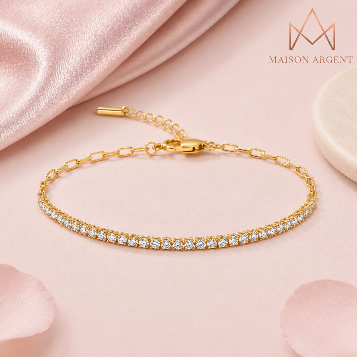 Bracelet Tennis Chaîne Trombone Plaqué Or 14K pour Femme - Argent Sterling 925