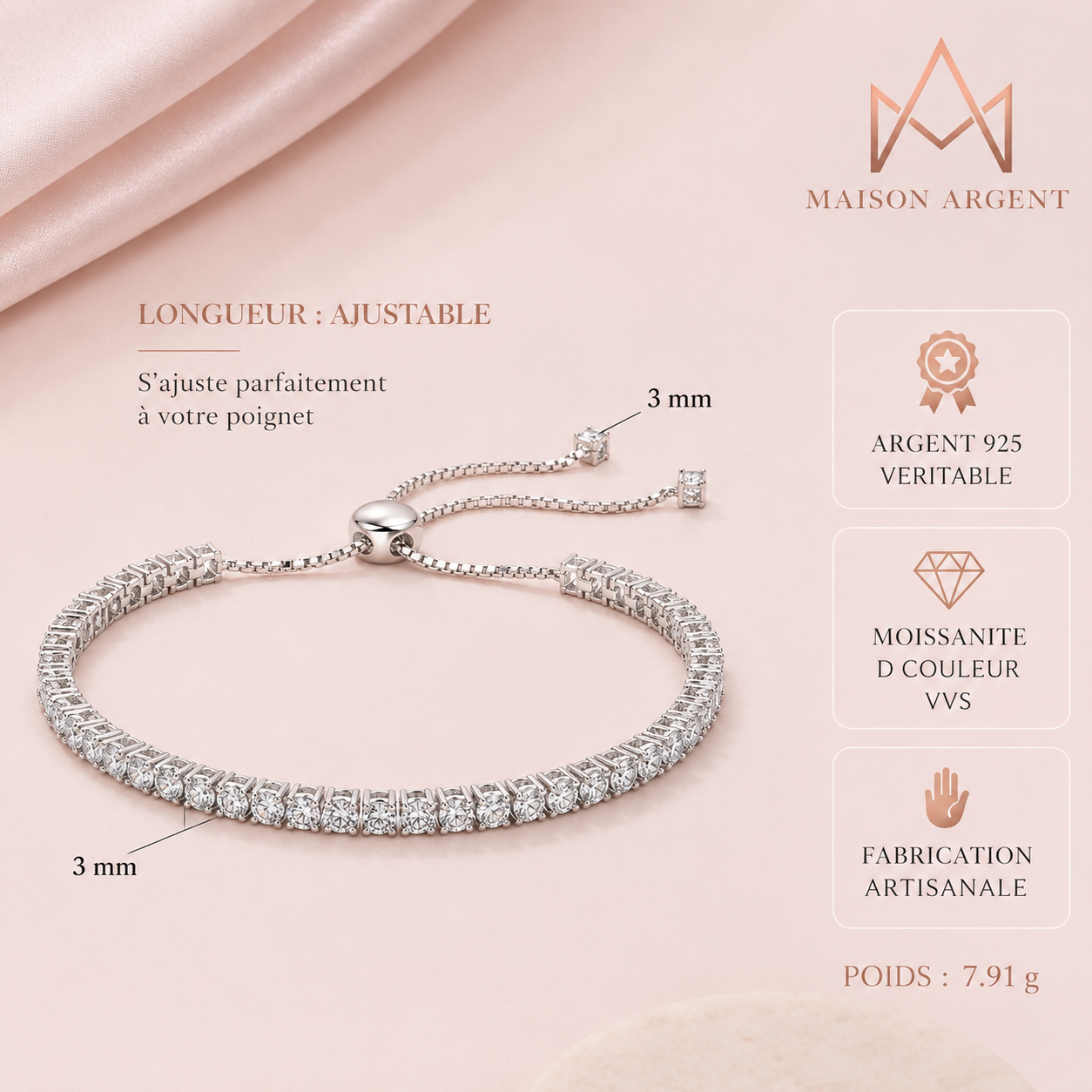 Bracelet Orsa Jewels en Argent Sterling 925 pour Femme - Moissanite VVS Couleur D