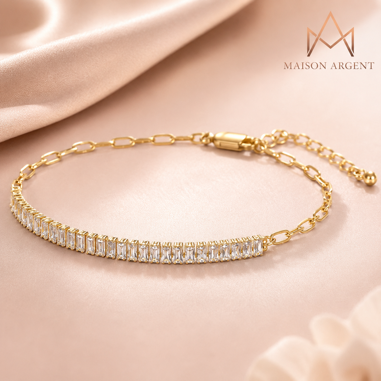 Bracelet Tennis Argent Massif Zircon Cubique Taille Émeraude - Élégant et Brillant pour Femme