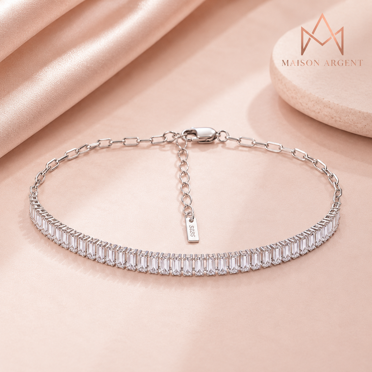 Bracelet Tennis Argent Massif Zircon Cubique Taille Émeraude - Élégant et Brillant pour Femme