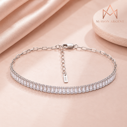 Bracelet Tennis Argent Massif Zircon Cubique Taille Émeraude - Élégant et Brillant pour Femme