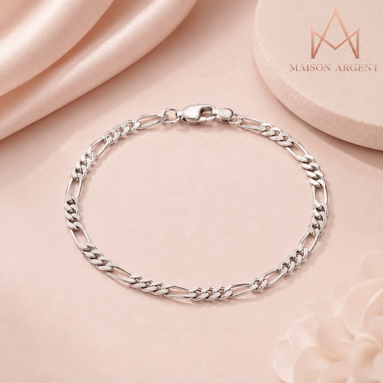 Bracelet Chaîne Figaro Diamant-Coupé 3.3mm en Argent Sterling 925 Italien - Bijou Femme