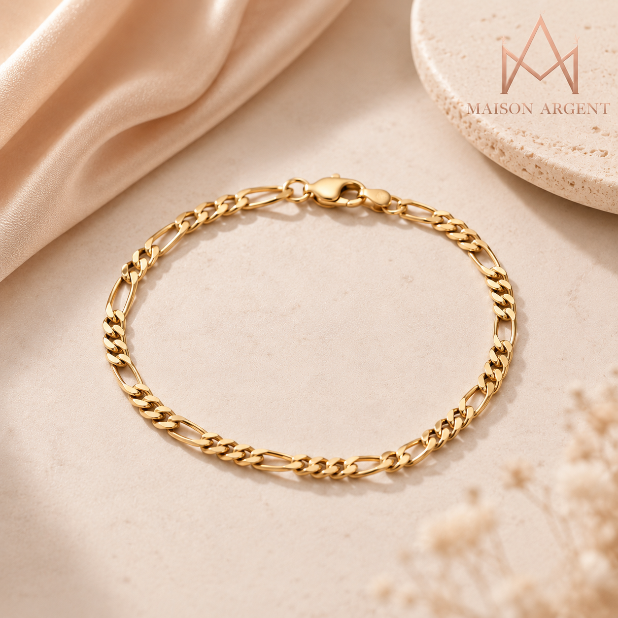 Bracelet Chaîne Figaro Diamant-Coupé 3.3mm en Argent Sterling 925 Italien - Bijou Femme