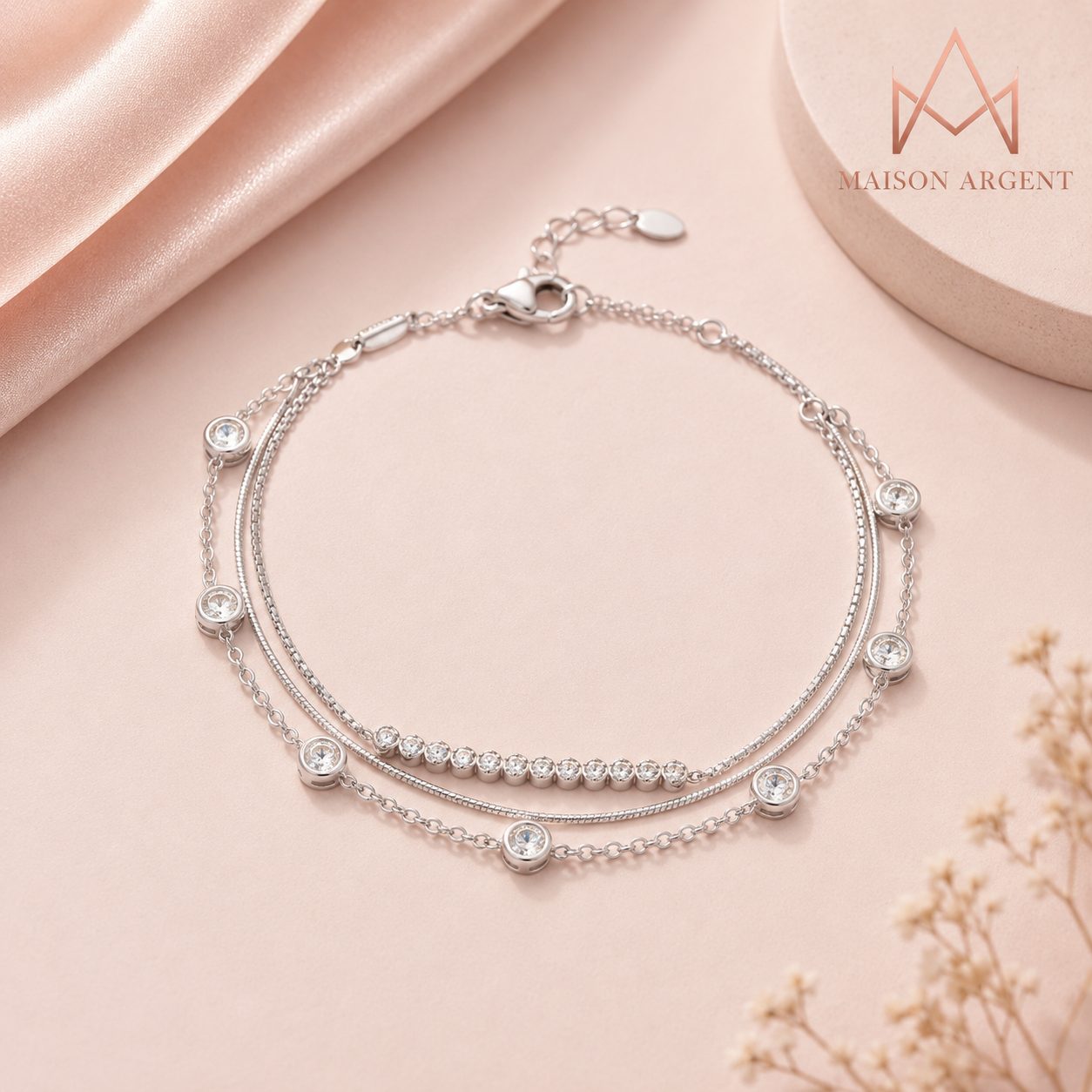 Bracelet Moissanite 3 Couches Argent Sterling 925 Réglable pour Femme