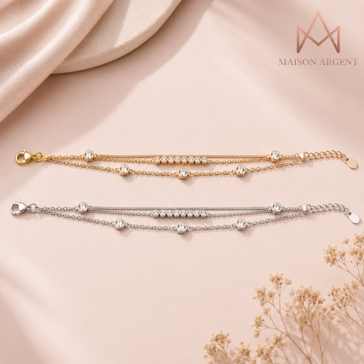 Bracelet Moissanite 3 Couches Argent Sterling 925 Réglable pour Femme