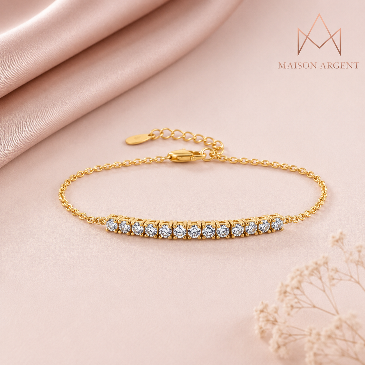 Bracelet Tennis Moissanite Plaqué Or Jaune Argent 925 Réglable Femme