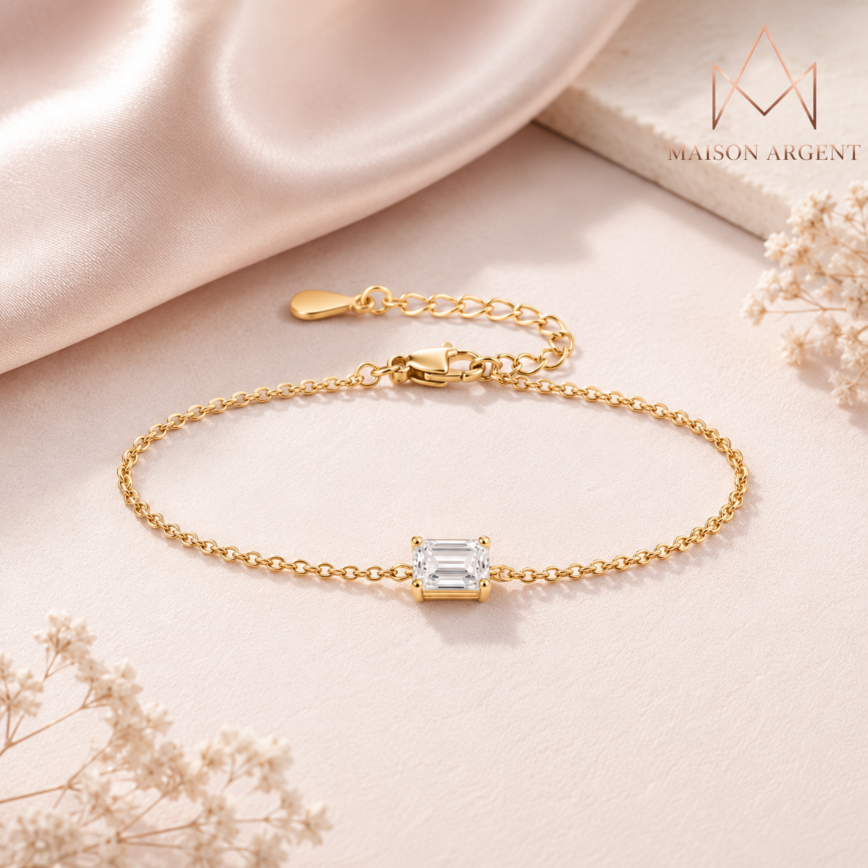 Bracelet Moissanite Émeraude 1 Carat - Argent 925 & Or 18 Carats - Chaîne Réglable & Empilable - Bijou Femme