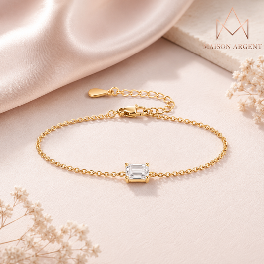 Bracelet Moissanite Émeraude 1 Carat - Argent 925 & Or 18 Carats - Chaîne Réglable & Empilable - Bijou Femme