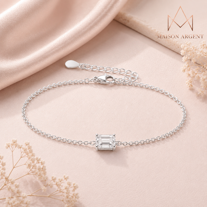 Bracelet Moissanite Émeraude 1 Carat - Argent 925 & Or 18 Carats - Chaîne Réglable & Empilable - Bijou Femme