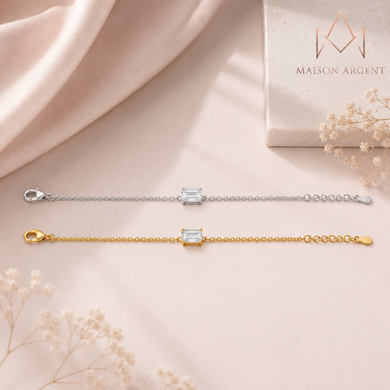 Bracelet Moissanite Émeraude 1 Carat - Argent 925 & Or 18 Carats - Chaîne Réglable & Empilable - Bijou Femme