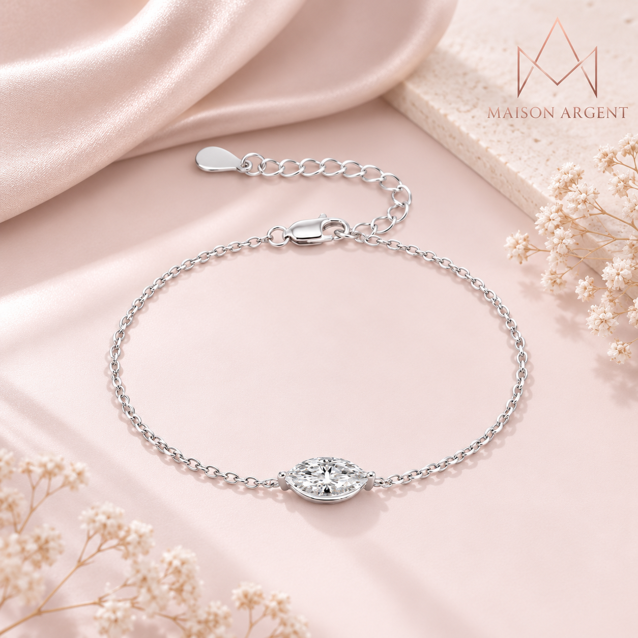 Bracelet Moissanite Marquise 1 Carat Argent S925 Ajustable - Bijou Élégant Femme