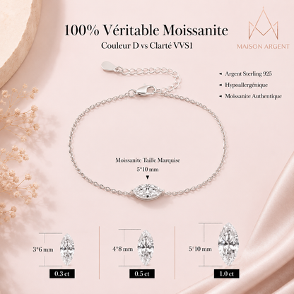 Bracelet Moissanite Marquise 1 Carat Argent S925 Ajustable - Bijou Élégant Femme