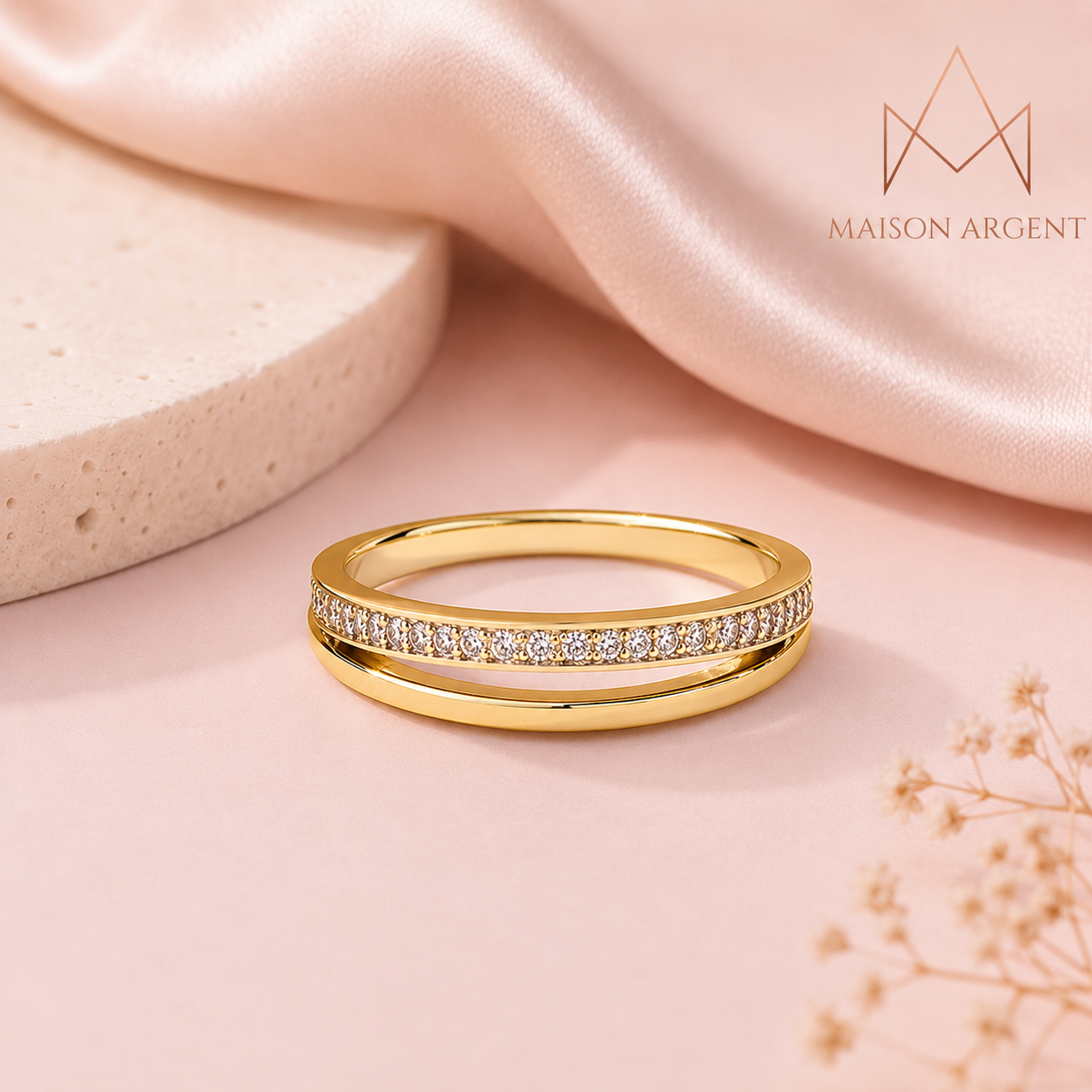 Bague Empilable Double Cercle en Argent 925 Moissanite Plaqué Or 18 Carats - Bijou Fin pour Femme