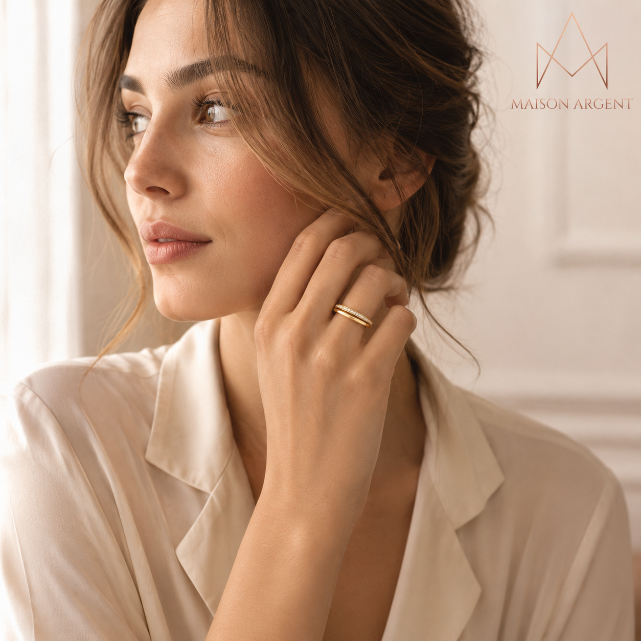 Bague Empilable Double Cercle en Argent 925 Moissanite Plaqué Or 18 Carats - Bijou Fin pour Femme