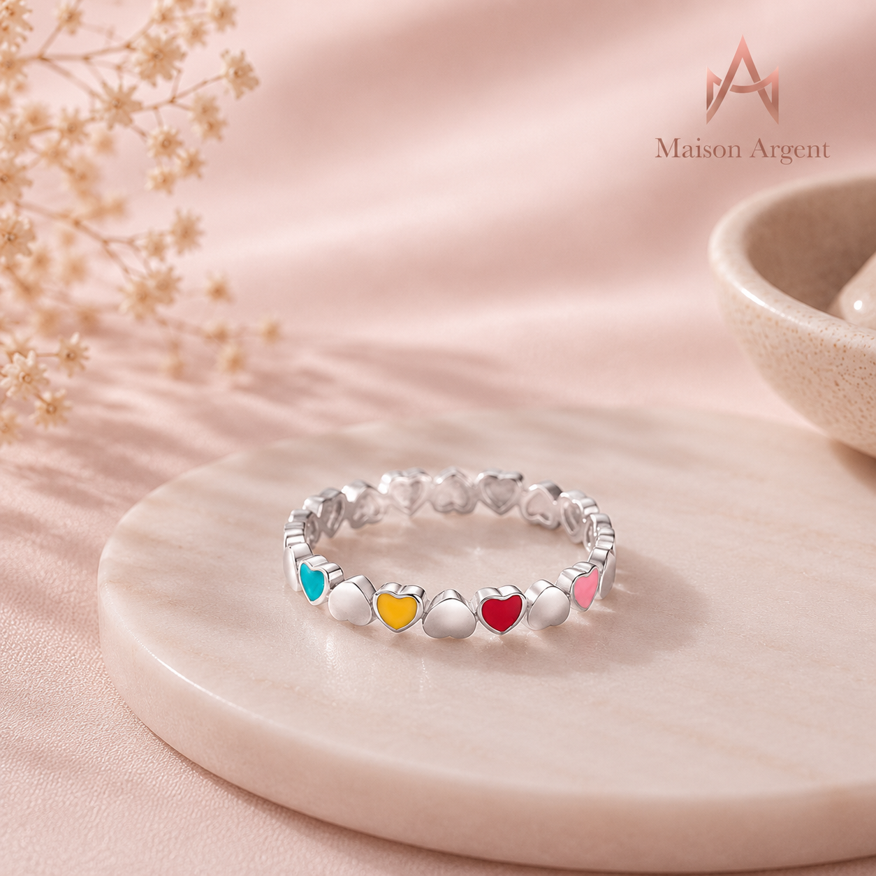 Bague Cœur Émail Multicolore en Argent 925 - Bijou Fin et Tendance