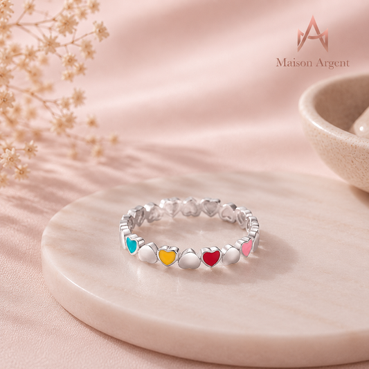 Bague Cœur Émail Multicolore en Argent 925 - Bijou Fin et Tendance