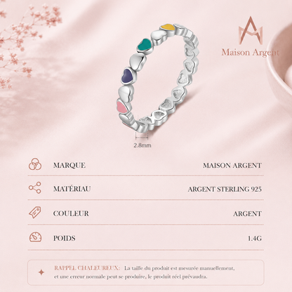 Bague Cœur Émail Multicolore en Argent 925 - Bijou Fin et Tendance