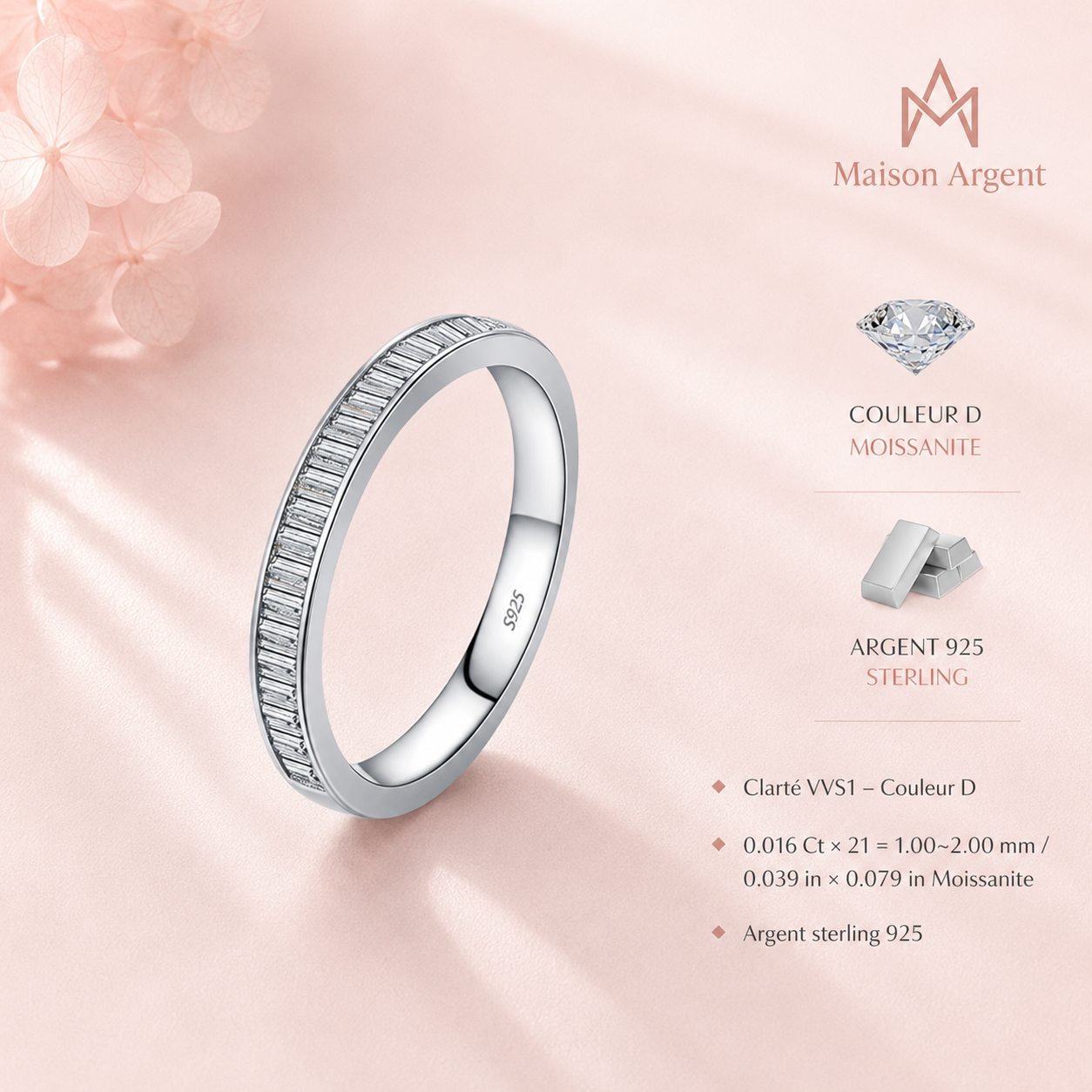 Bague Empilable Rectangulaire Moissanite D - Argent Sterling 925
