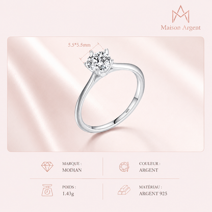 Bague de fiançailles et mariage en argent 925, zirconium cubique rond, style classique pour femme