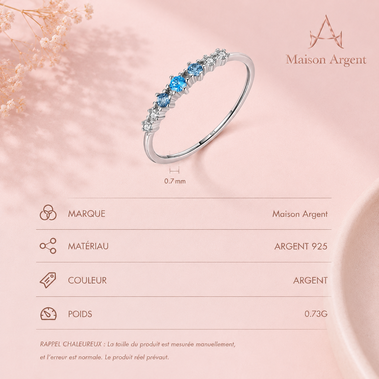 Bague fine en argent 925 avec zircon bleu - Style empilable et tendance pour femme