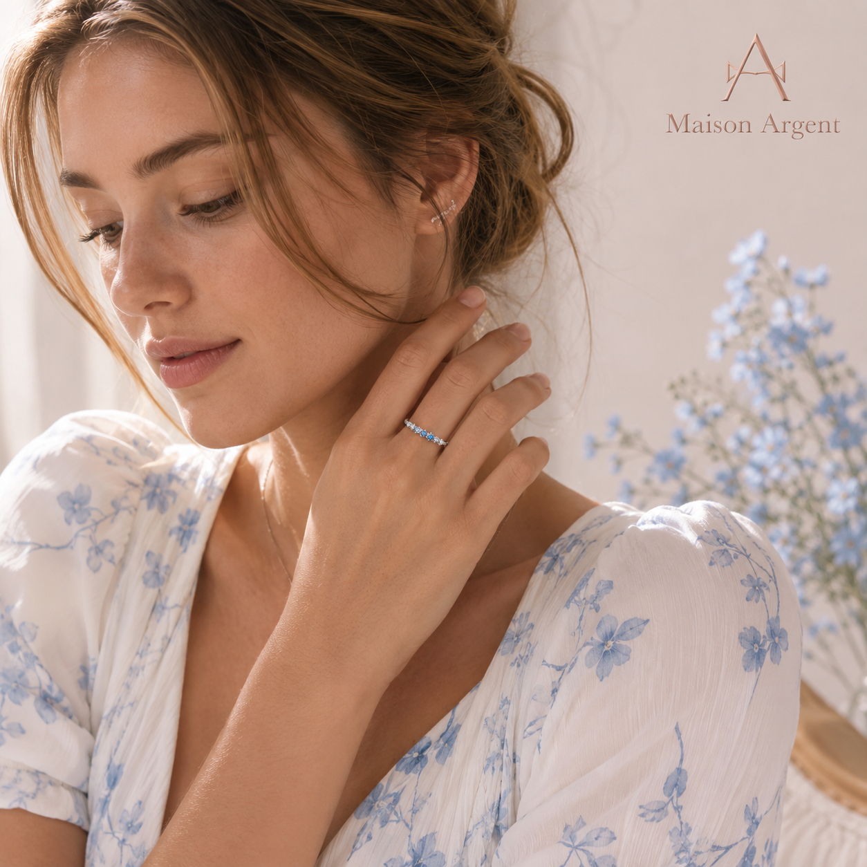 Bague fine en argent 925 avec zircon bleu - Style empilable et tendance pour femme