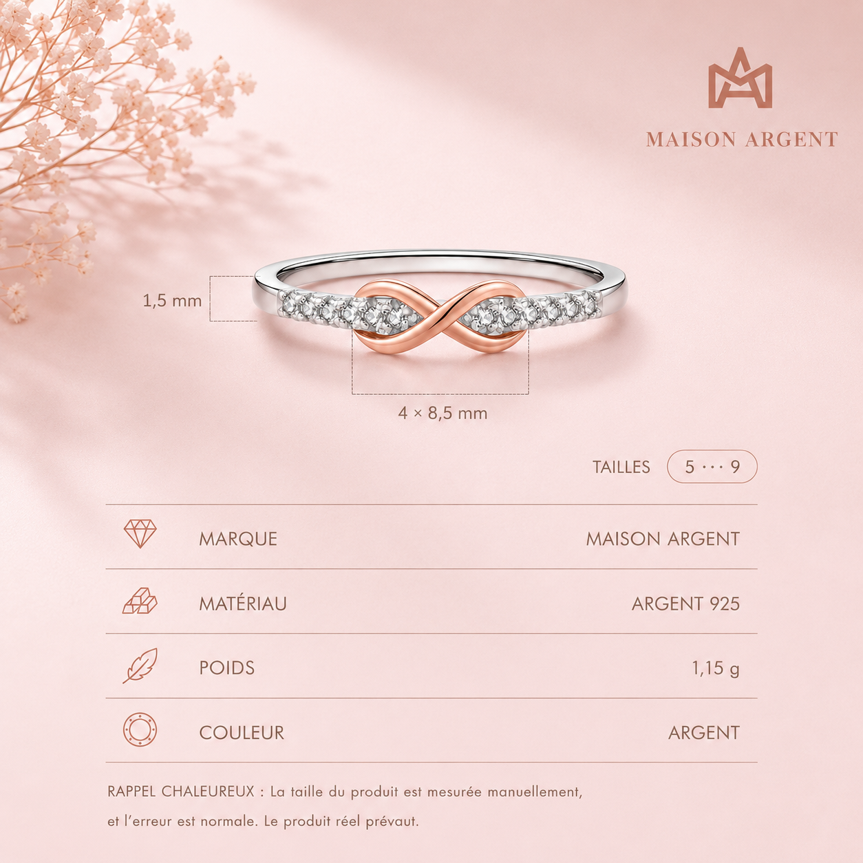 Bague Infini Romantique en Argent Sterling 925 Plaqué Or Rose