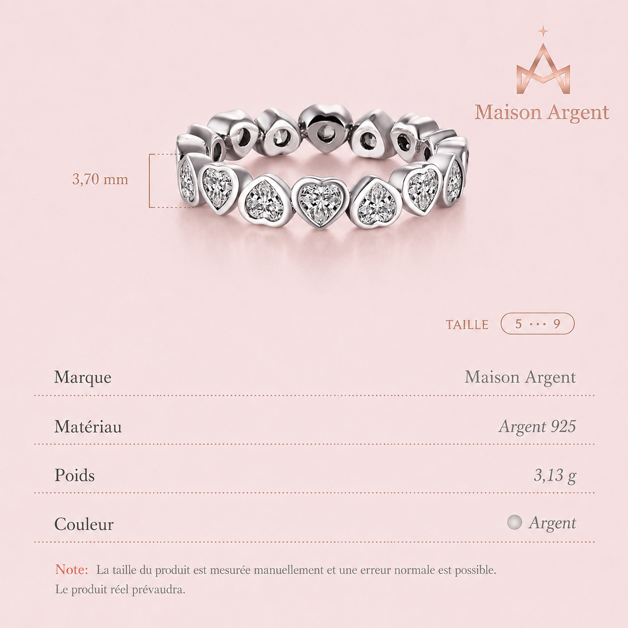 Bague Classique Argent Sterling 925 Cœur Zircone Cubique - Bijoux Éternité